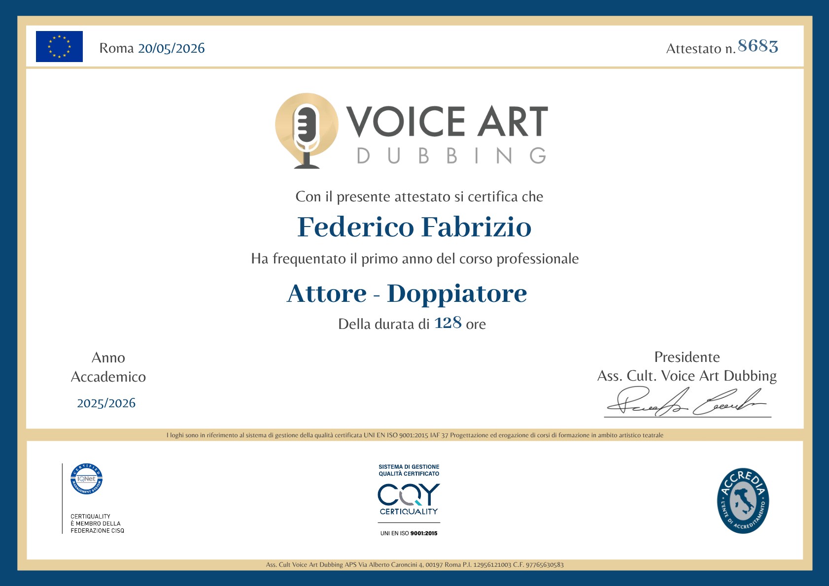 Attestato Voice Art Dubbing, primo anno