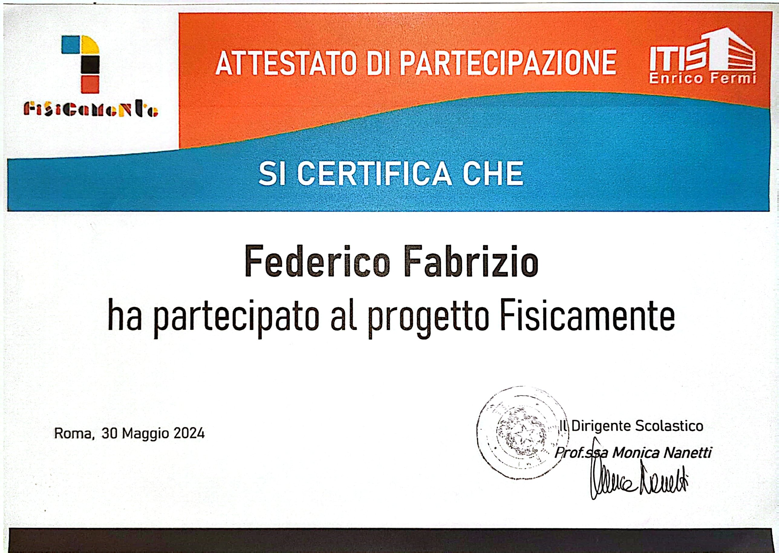 Attestato di partecipazione al progetto Fisicamente 7