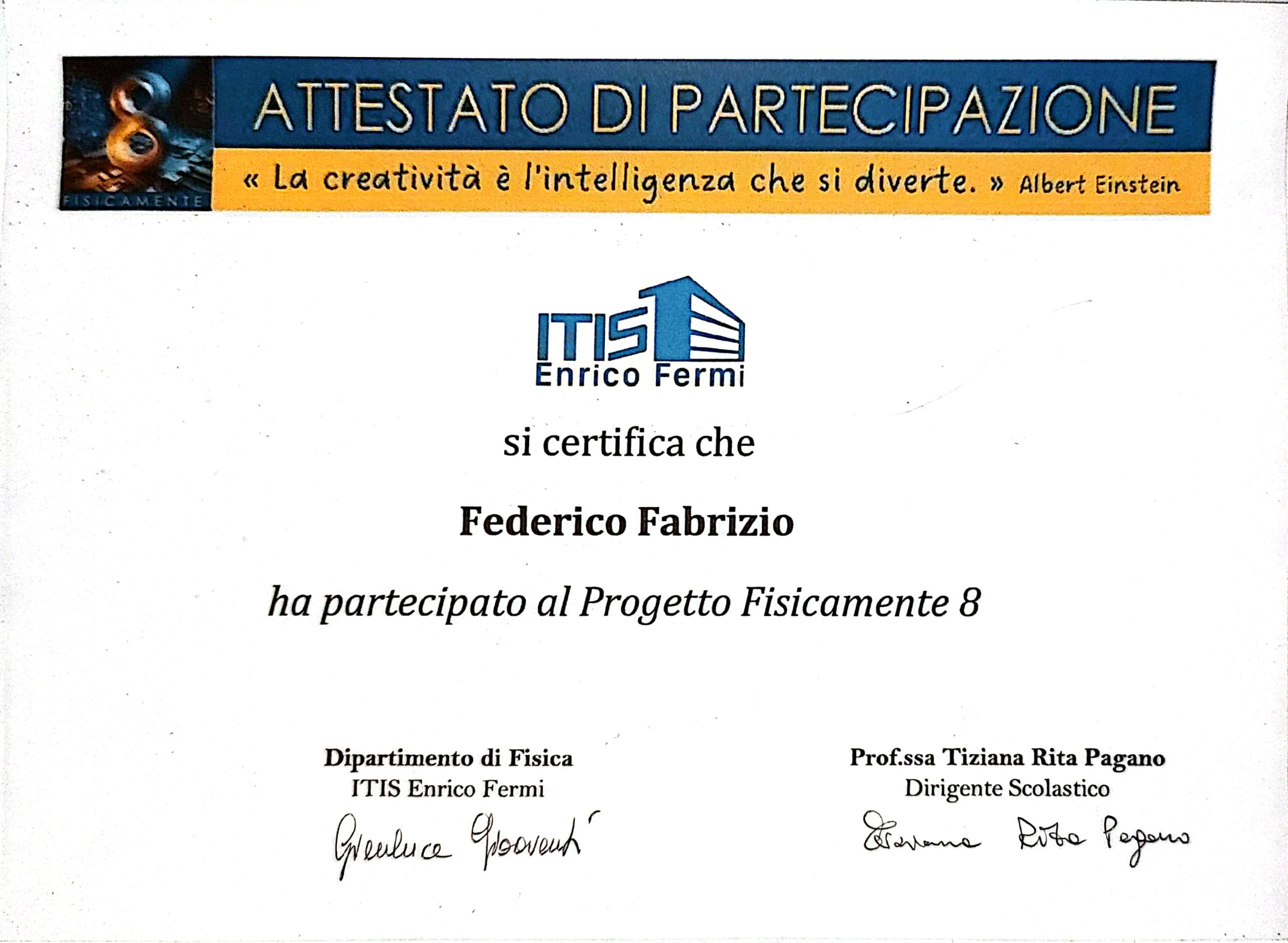 Attestato di partecipazione al progetto Fisicamente 8